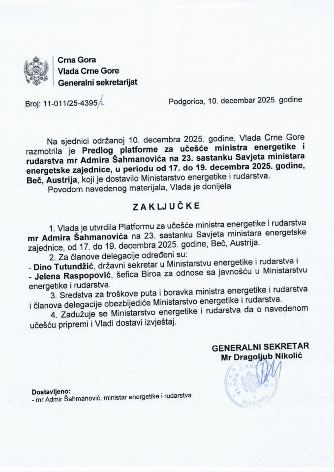 Predlog platforme za učešće ministra energetike i rudarstva mr Admira Šahmanovića na 23. sastanku Savjeta ministara energetske zajednice, u periodu od 17. do 19. decembra 2025. godine, Beč, Austrija - Zaključci