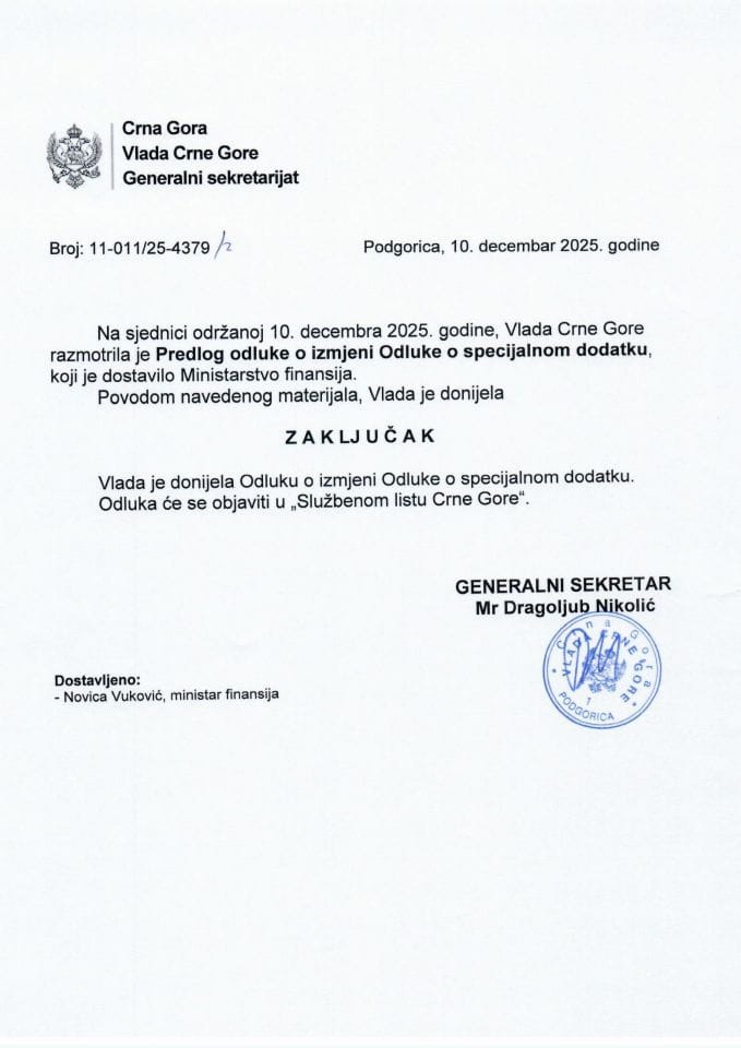 Predlog odluke o izmjeni Odluke o specijalnom dodatku - Zaključci