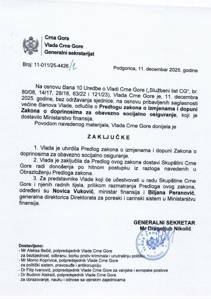 Predlog zakona o izmjenama i dopuni Zakona o doprinosima za obavezno socijalno osiguranje - zaključci