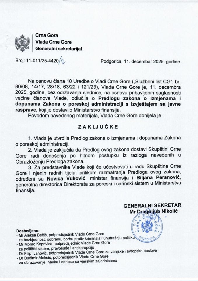 Predlog zakona o izmjenama i dopunama Zakona o poreskoj administraciji s Izvještajem sa javne rasprave - zaključci