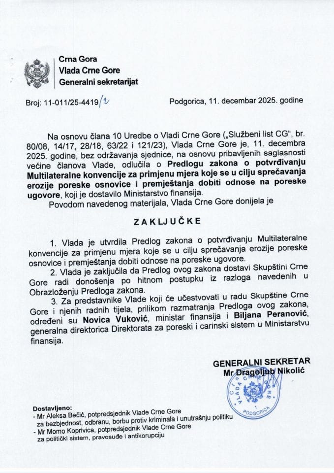 Predlog zakona o potvrđivanju Multilateralne konvencije za primjenu mjera koje se u cilju sprečavanja erozije poreske osnovice i premještanja dobiti odnose na poreske ugovore - zaključci