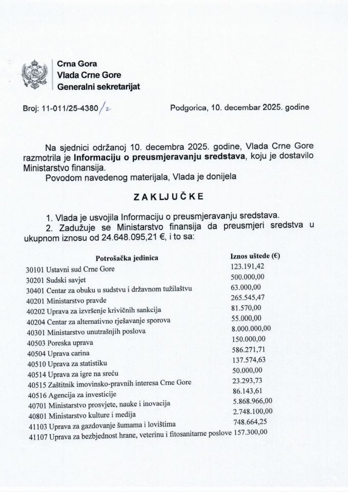 Informacija o preusmjeravanju sredstava - Zaključci