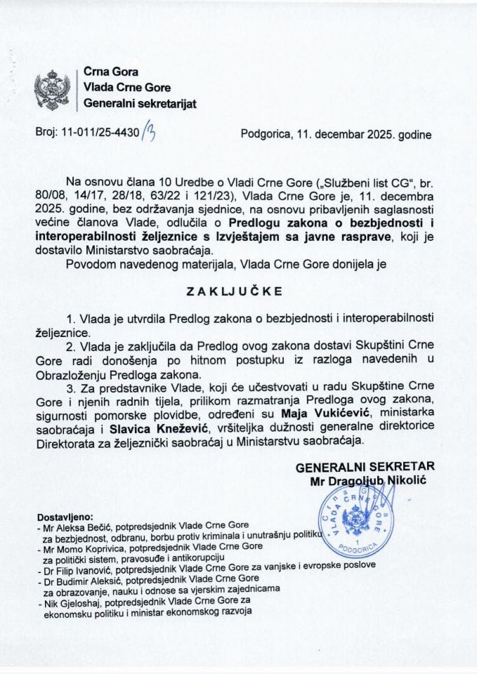 Predlog zakona o bezbjednosti i interoperabilnosti željeznice s Izvještajem sa javne rasprave - zaključci