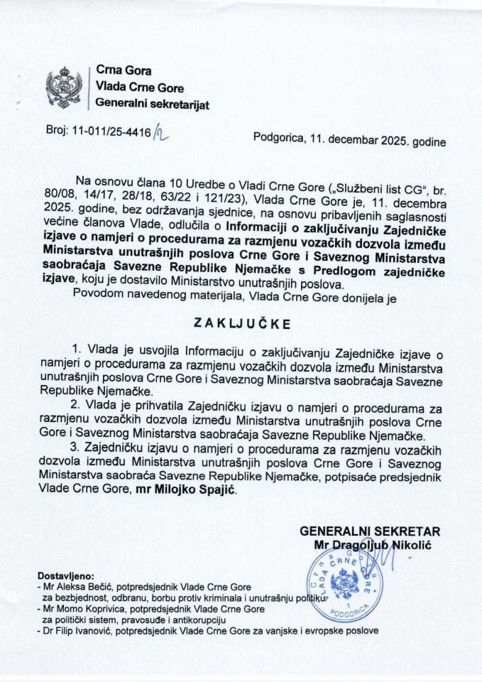 Informacija o zaključivanju Zajedničke izjave o namjeri o procedurama za razmjenu vozačkih dozvola između Ministarstva unutrašnjih poslova Crne Gore i Saveznog Ministarstva saobraćaja Savezne Republike Njemačke s Predlogom zajedničke izjave - zaključci