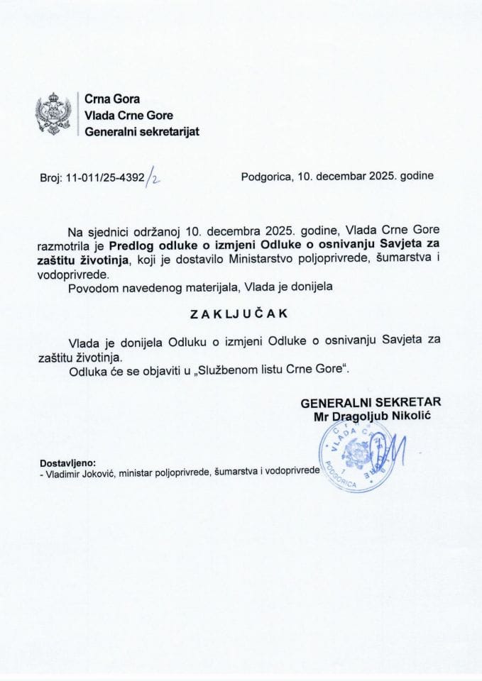 Predlog odluke o izmjeni Odluke o osnivanju Savjeta za zaštitu životinja - Zaključci