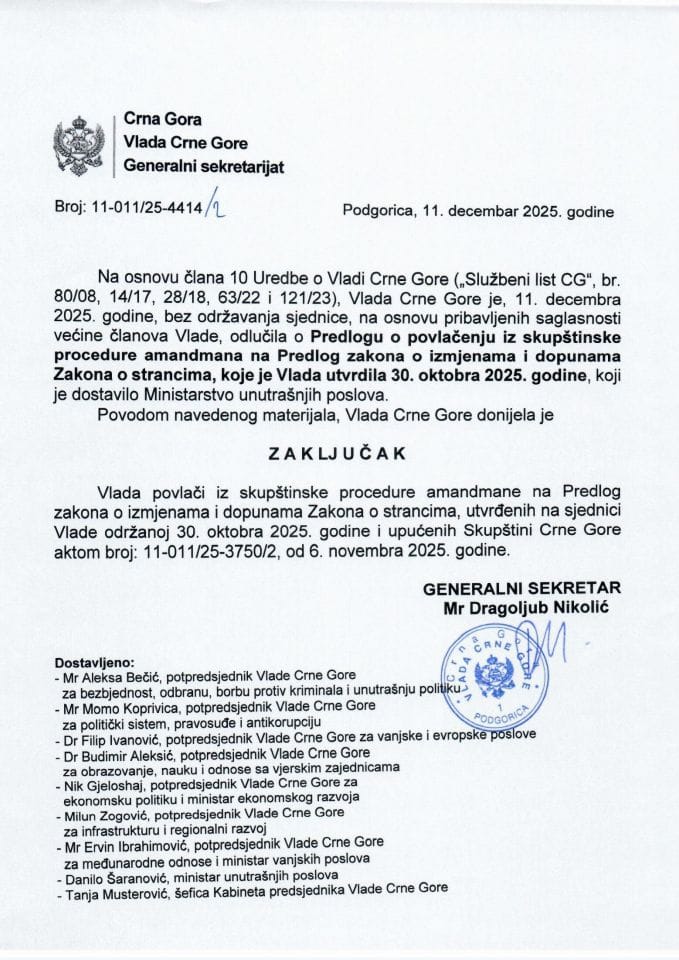 Predlog o povlačenju iz skupštinske procedure amandmana na Predlog zakona o izmjenama i dopunama Zakona o strancima, koje je Vlada utvrdila 30. oktobra 2025. godine - zaključci