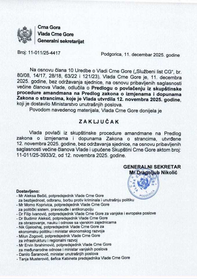 Predlog o povlačenju iz skupštinske procedure amandmana na Predlog zakona o izmjenama i dopunama Zakona o strancima, koje je Vlada utvrdila 12. novembra 2025. godine - zaključci