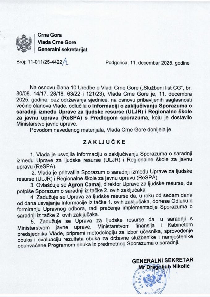 Informacija o zaključivanju Sporazuma o saradnji između Uprave za ljudske resurse (ULJR) i Regionalne škole za javnu upravu (ReSPA) s Predlogom sporazum - zaključci
