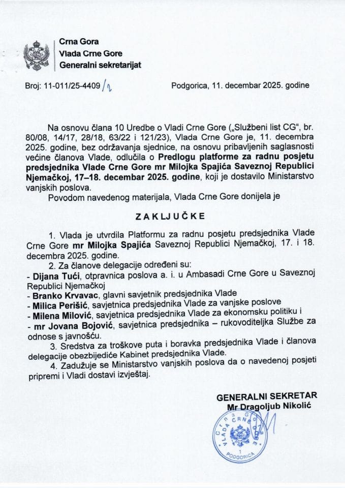 Predlog platforme za radnu posjetu predsjednika Vlade Crne Gore mr Milojka Spajića Saveznoj Republici Njemačkoj, 17-18. decembra 2025. godine - zaključci
