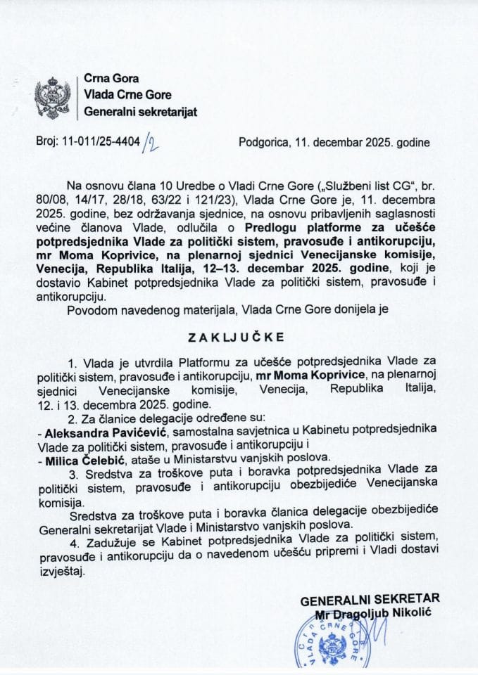 Predlog platforme za učešće potpredsjednika Vlade za politički sistem, pravosuđe i antikorupciju, mr Moma Koprivice, na plenarnoj sjednici Venecijanske komisije, Venecija, Republika Italija, 12-13. dcembra 2025. godine - zaključci