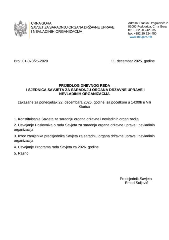 Prijedlog dnevnog reda - I sjednica savjeta za saradnju organa državne uprave i nevladinih organizacija