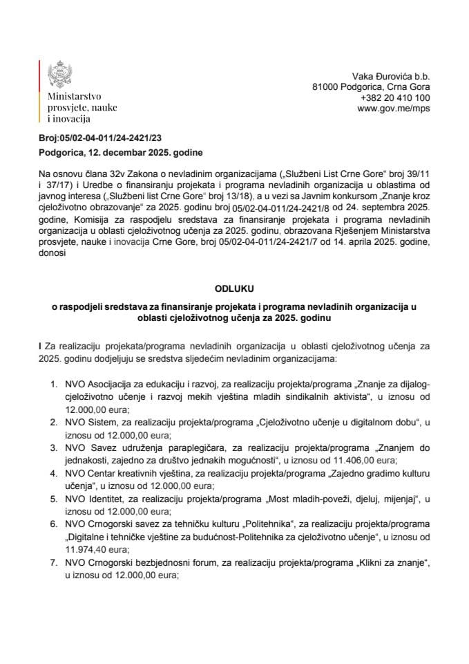 Odluka o raspodjeli sredstava za finansiranje projekata i programa NVO u oblasti cjeloživotnog učenja za 2025. godinu