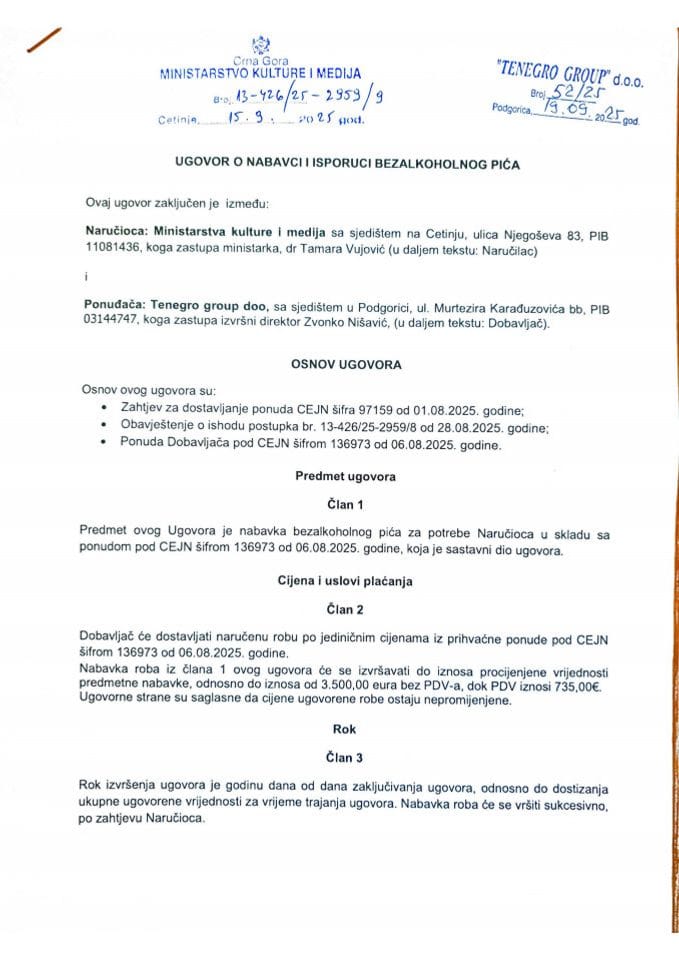 Ugovor o nabavci bezalkoholnog pića - Tenegro group