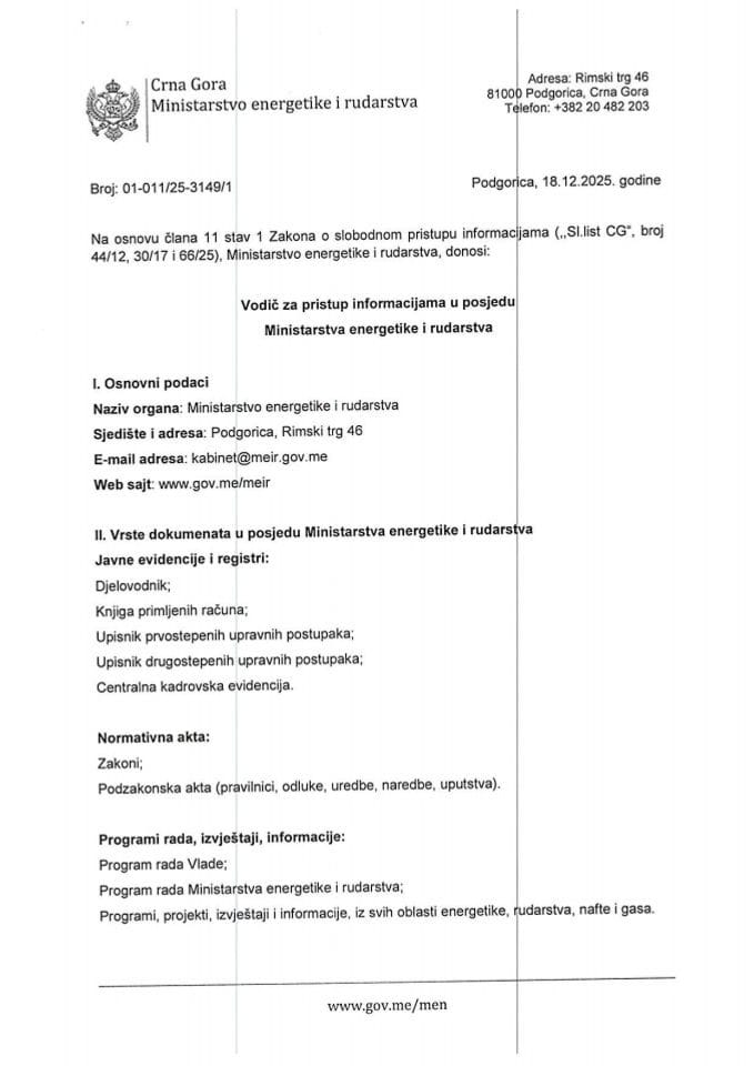 Vodič za pristup informacijama u posjedu Ministarstva energetike i rudarstva