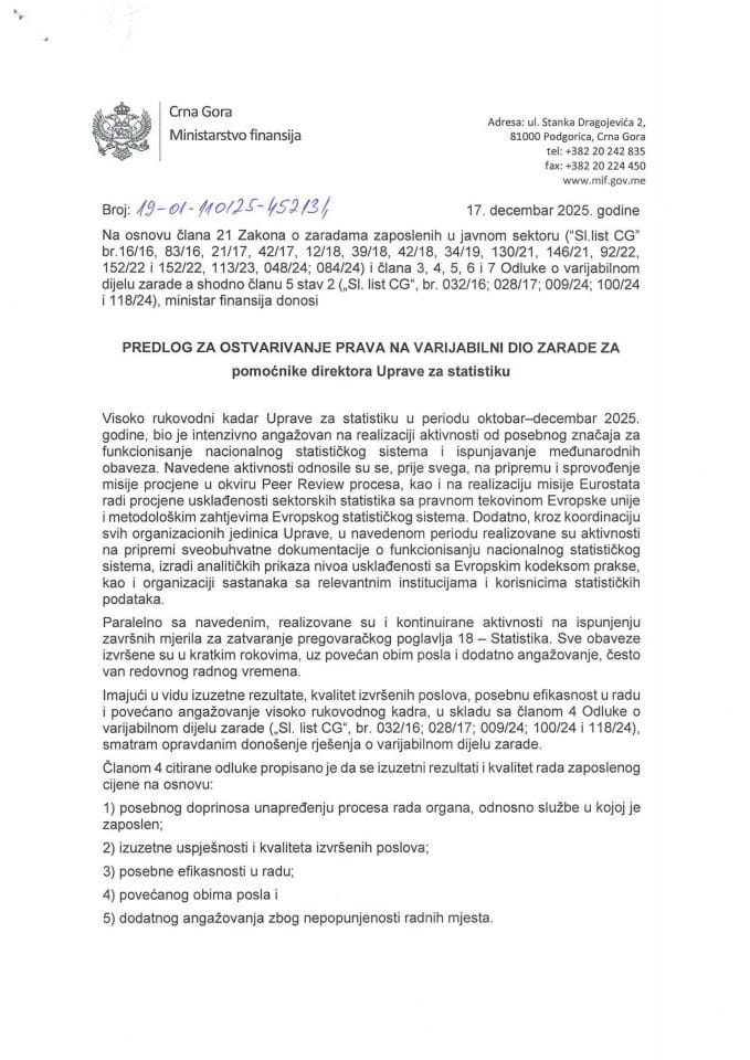 Предлог за давање сагласности за исплату варијабилног дијела зараде за високо руководни кадар Управе за статистику, за период октобар-децембар 2025. године