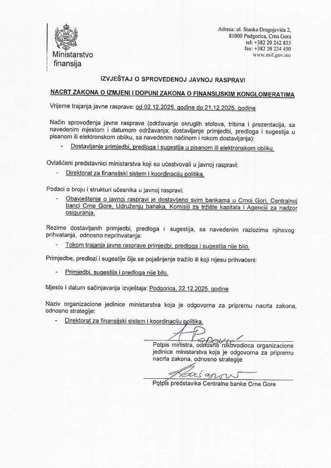 Извјештај о спроведеној јавној расправи за Нацрт закона о измјени и допуни Закона о финансијским конгломератима