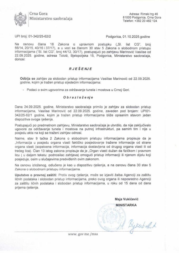 Rješenja o odbijanju zahtjeva za SPI Vasilice Marinović UPI broj 01-342-25-62-2 UPI broj 01-342-25-60-2 UPI broj 01-342-25-58-2