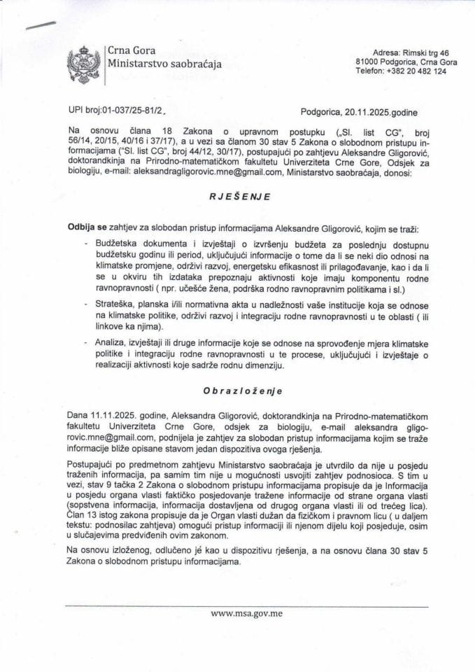 Rješenje o odbijanju zahtjeva za SPI Aleksandre Gligorović UPI broj 01-037-25-81-2