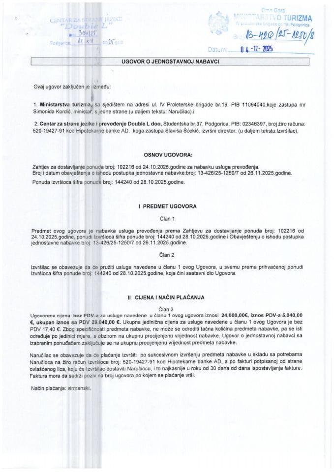 Ugovor za nabavku usluga prevođenja - Ministarstvo turizma