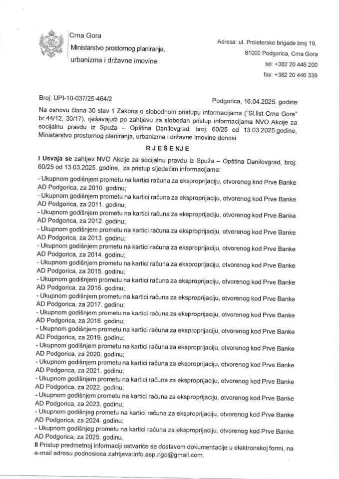 Рјешења - Слободан приступ информацијама - Рјешење 10-037-25-464-2