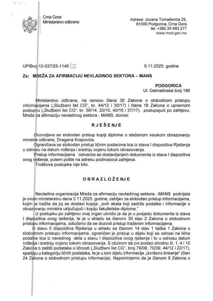 Rješenje UPI broj:12-037/25-1146/2