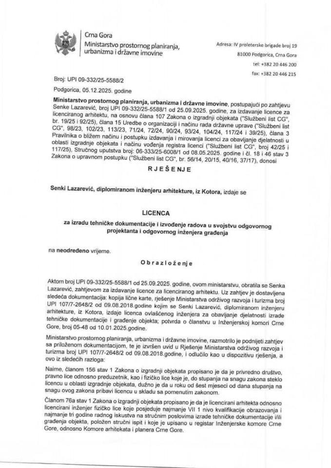 Licenca ovlašćenog inženjera za arhitektonsku djelatnost - UPI 09-332-25-5588-2 SENKA LAZAREVIĆ