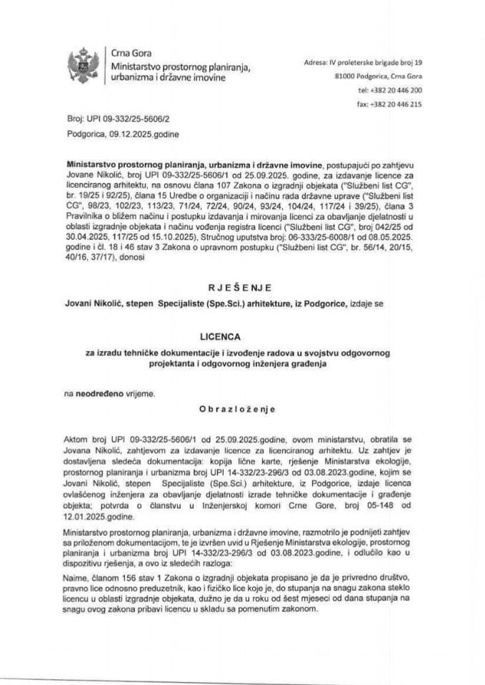 Licenca ovlašćenog inženjera za arhitektonsku djelatnost - UPI 09-332-25-5606-2 JOVANA NIKOLIĆ