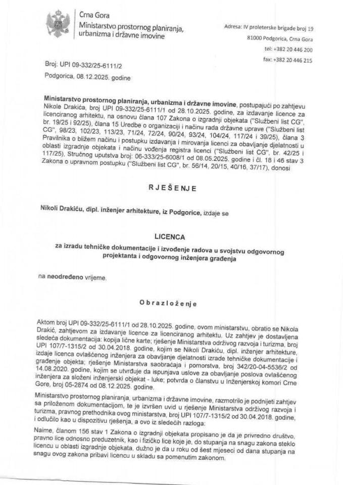 Licenca ovlašćenog inženjera za arhitektonsku djelatnost - UPI 09-332-25-6111-2 NIKOLA DRAKIĆ