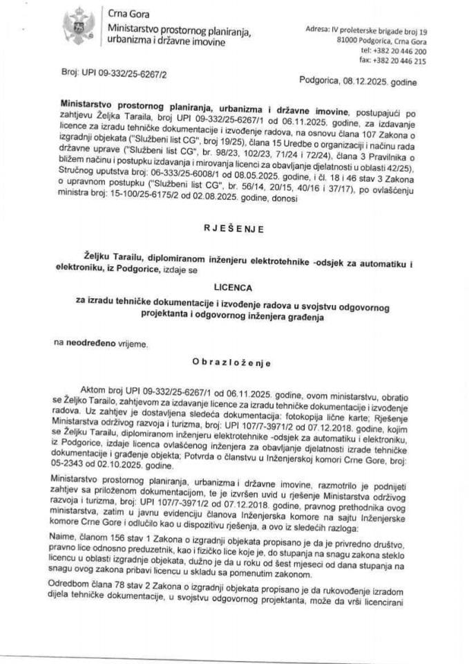 Licenca ovlašćenog inženjera za elektrotehničku djelatnost - UPI 09-332-25-6267-2 ŽELJKO TARAILO
