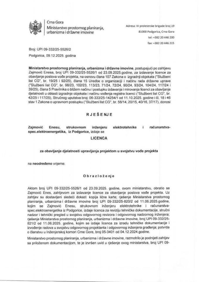 Licenca ovlašćenog inženjera za elektrotehničku djelatnost - UPI 09-332-25-5526-2 ENES ZAJMOVIĆ