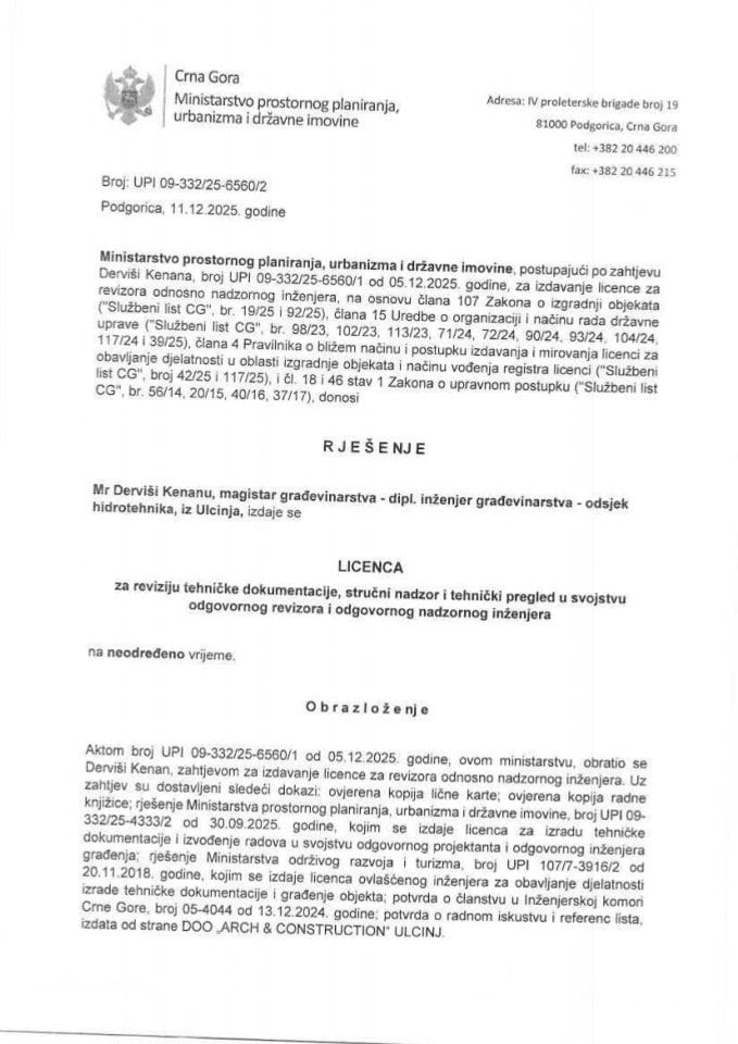 Licenca revizora za građevinsku djelatnost - UPI 09-332-25-6560-2 KENAN DERVIŠI