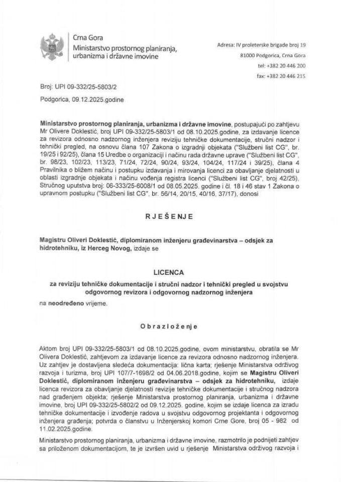 Licenca revizora za građevinsku djelatnost - UPI 09-332-25-5803-2 MR OLIVERA DOKLESTIĆ