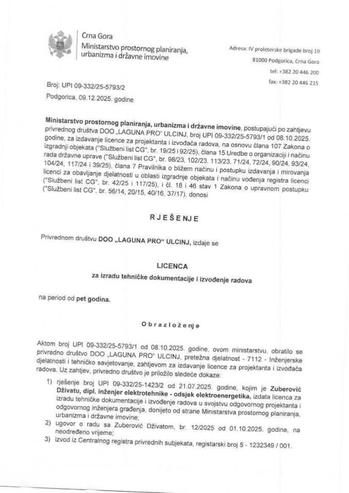 Licence projektanata i izvođača radova - UPI 09-332-25-5793-2 LAGUNA PRO ULCINJ D.O.O.