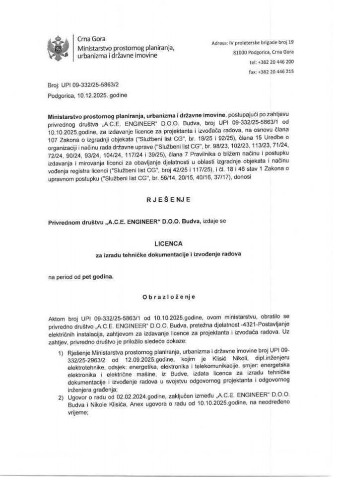 Licence projektanata i izvođača radova - UPI 09-332-25-5863-2 A.C.E. ENGINEER D.O.O.