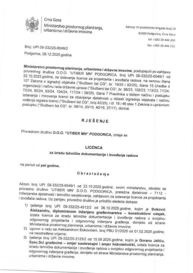 Licence projektanata i izvođača radova - UPI 09-332-25-6049-2 UTIBER MN PODGORICA D.O.O.