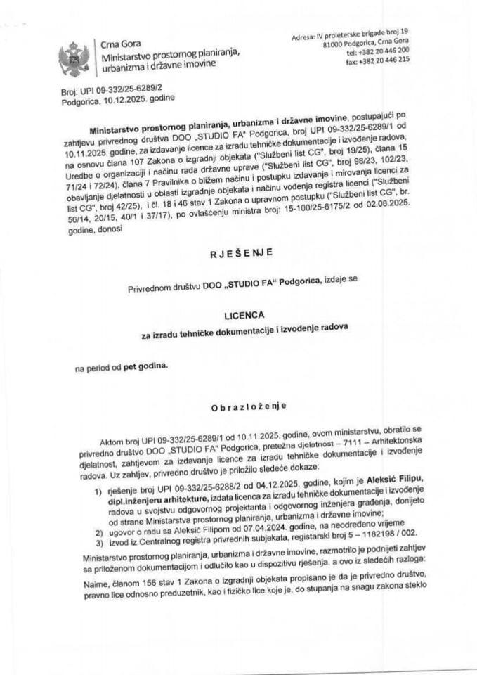 Licence projektanata i izvođača radova - UPI 09-332-25-6289-2 STUDIO FA PODGORICA D.O.O.
