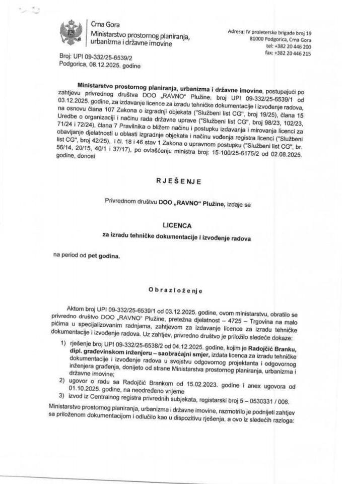 Licence projektanata i izvođača radova - UPI 09-332-25-6539-2 RAVNO D.O.O. PLUŽINE