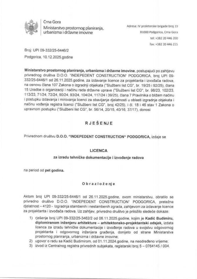 Licence projektanata i izvođača radova - UPI 09-332-25-6446-2 INDEPEDENT CONSTRUCION D.O.O.