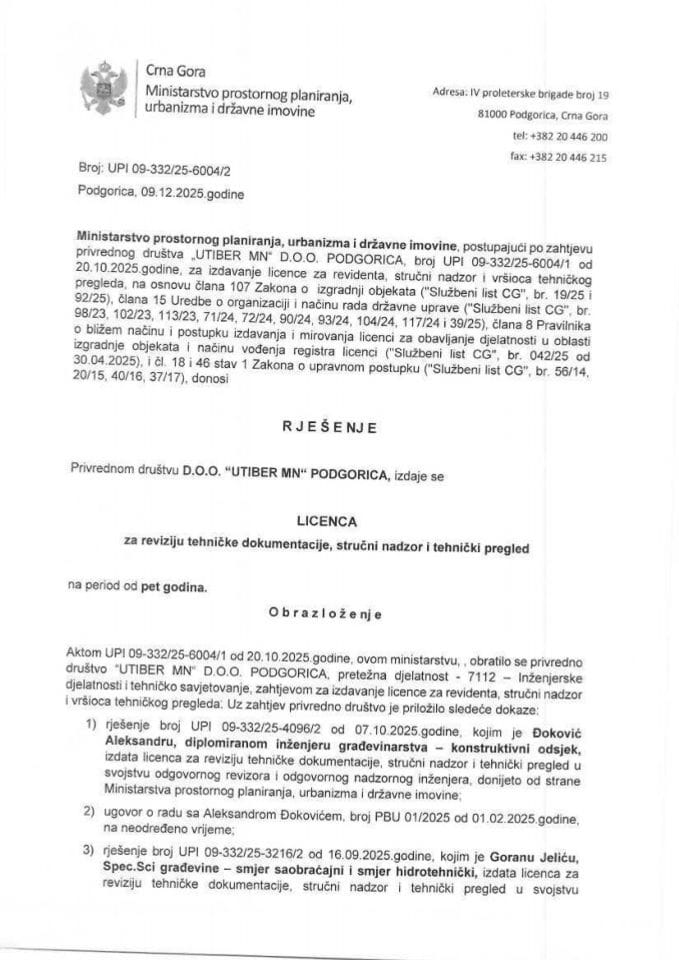 Licence revidenta i stručnog nadzora - UPI 09-332-25-6004-2 UTIBER MN D.O.O.