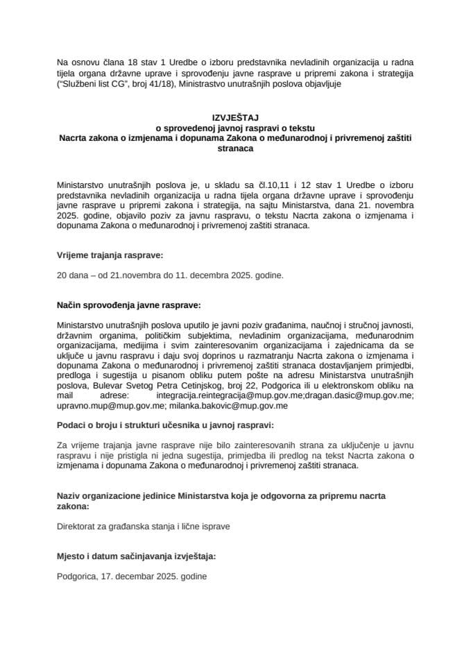 Извјестај о спроведеној јавној расправи о Нацрту закона о измјенама Закона о међународној и привременој заштити странаца