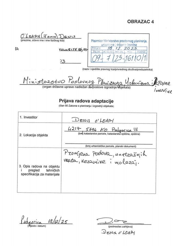 Prijava radova adaptacije - 09-7-25-16110-1 O'LEASRY DENIS