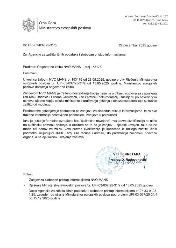 Odgovor na žalbu UPI-03-037/25-31/5