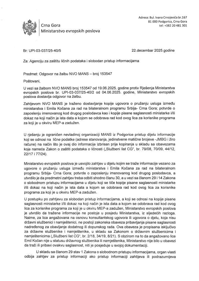 Odgovor na žalbu UPI-03-037/25-40/5