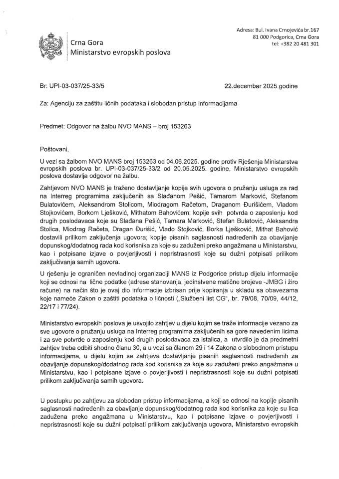 Odgovor na žalbu UPI-03-037/25-33/5