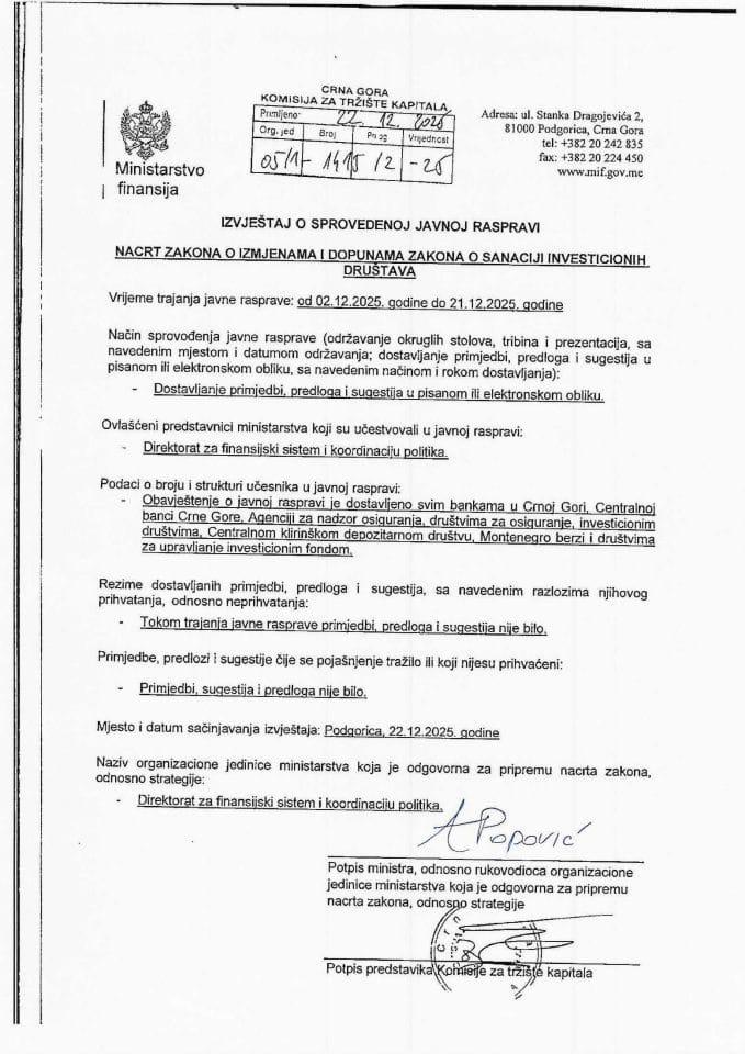 Izvještaj o sprovedenoj javnoj raspravi za Nacrt zakona o izmjenama i dopunama Zakona o sanaciji investicionih društava