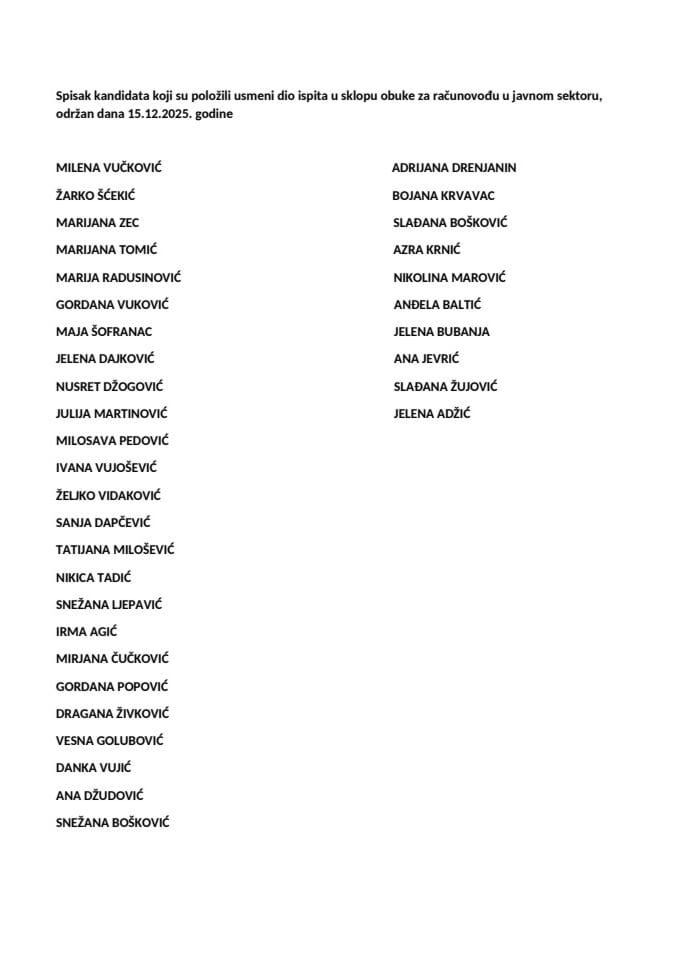 Rezultati usmenog dijela ispita u sklopu obuke za računovođu u javnom sektoru, održanog dana 15.12.2025. godine
