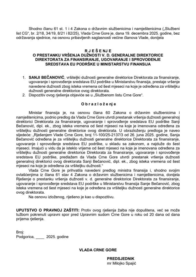 Predlog za prestanak vršenja dužnosti v.d. generalne direktorice Direktorata za finansiranje, ugovaranje i sprovođenje sredstava EU podrške u Ministarstvu finansija
