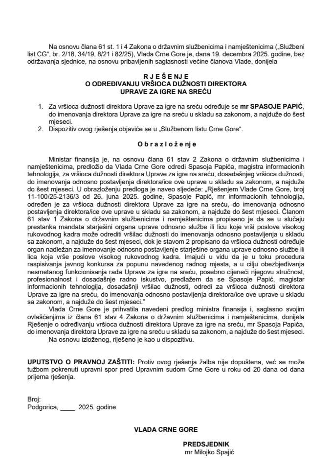 Predlog za određivanje vršioca dužnosti direktora Uprave za igre na sreću
