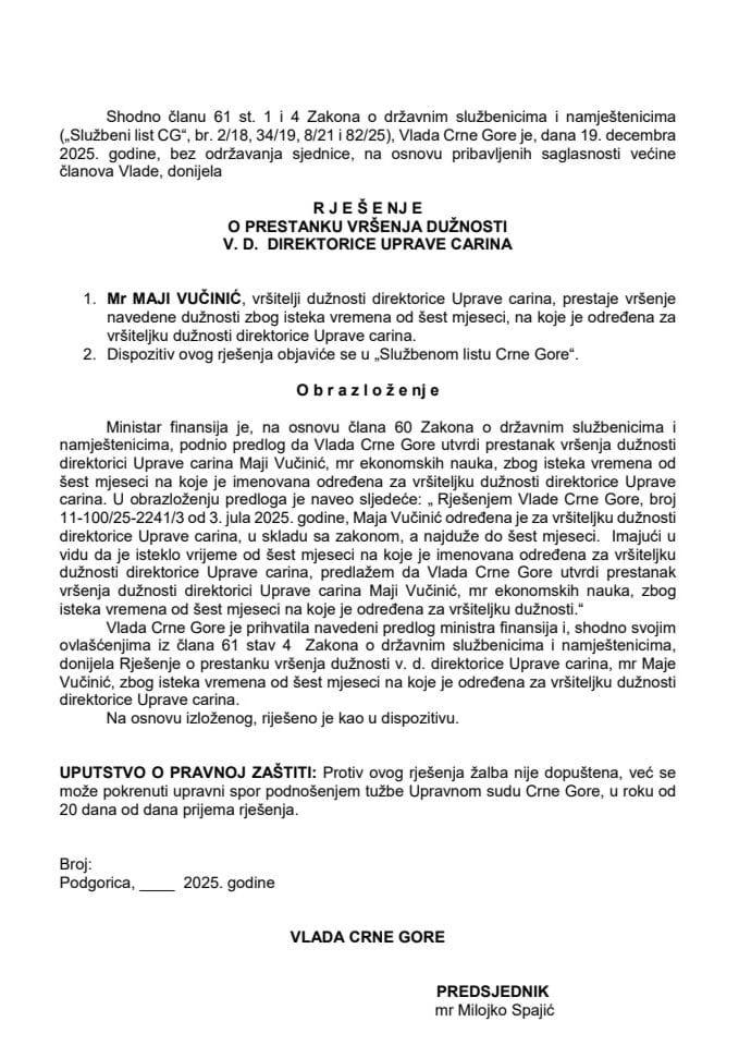 Predlog za prestanak vršenja dužnosti v.d. direktorice Uprave carina