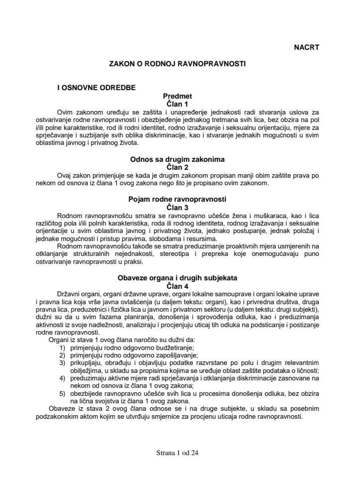 Nacrt zakona o rodnoj ravnopravnosti za javnu raspravu